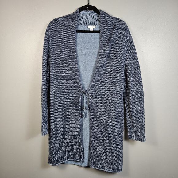 J. Jill Long Cardigan Sweater Size Medium Blue Wool Cotton Blend Beaded Tie - Picture 1 of 7